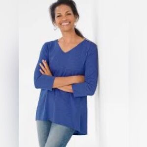 Chico’s 100% Linen V Neck Indigo Blue Roll Tab 3 Quarter Sleeve Top